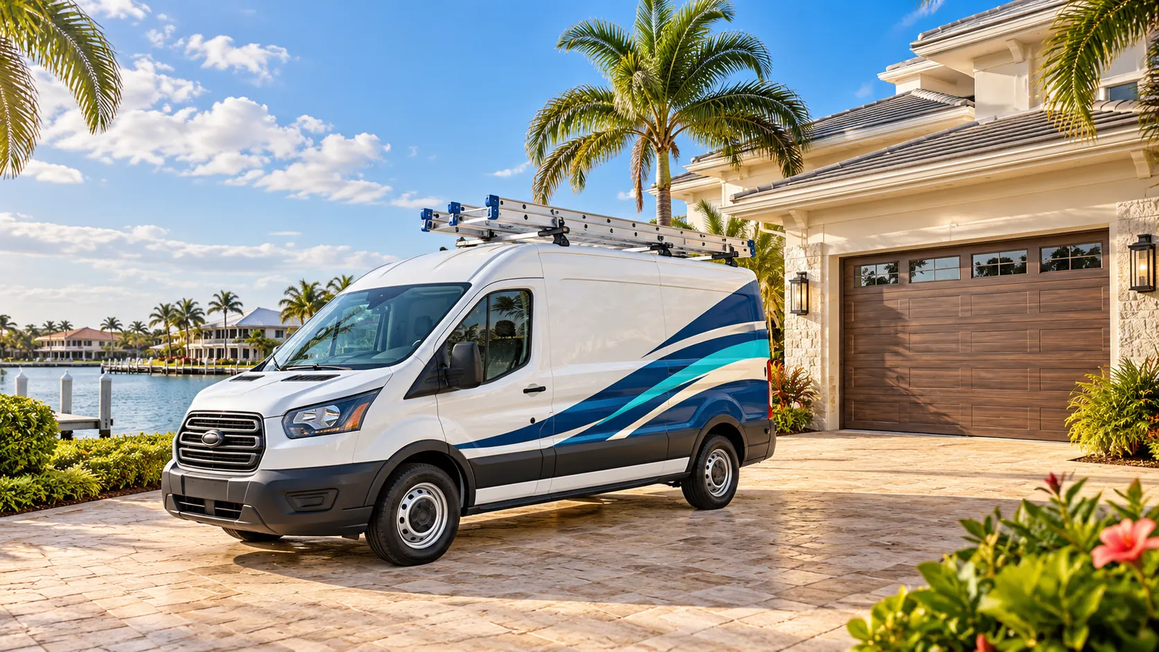 The Estero Garage Door N More van parked beside a waterfront home in Estero