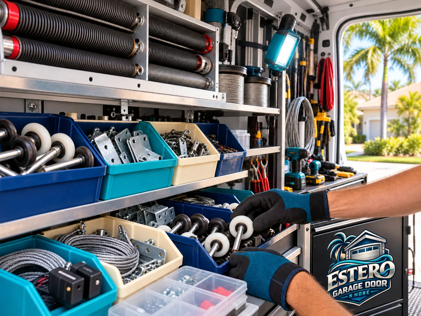 Inside the Estero Garage Door N More van: bins of nylon rollers, hinges and cables, springs on the top shelf and a gloved hand reaching for a roller