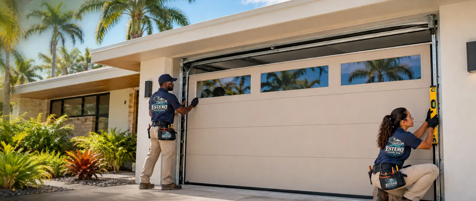 Two Estero Garage Door N More technicians leveling and checking the tracks of a sand-colored garage door
