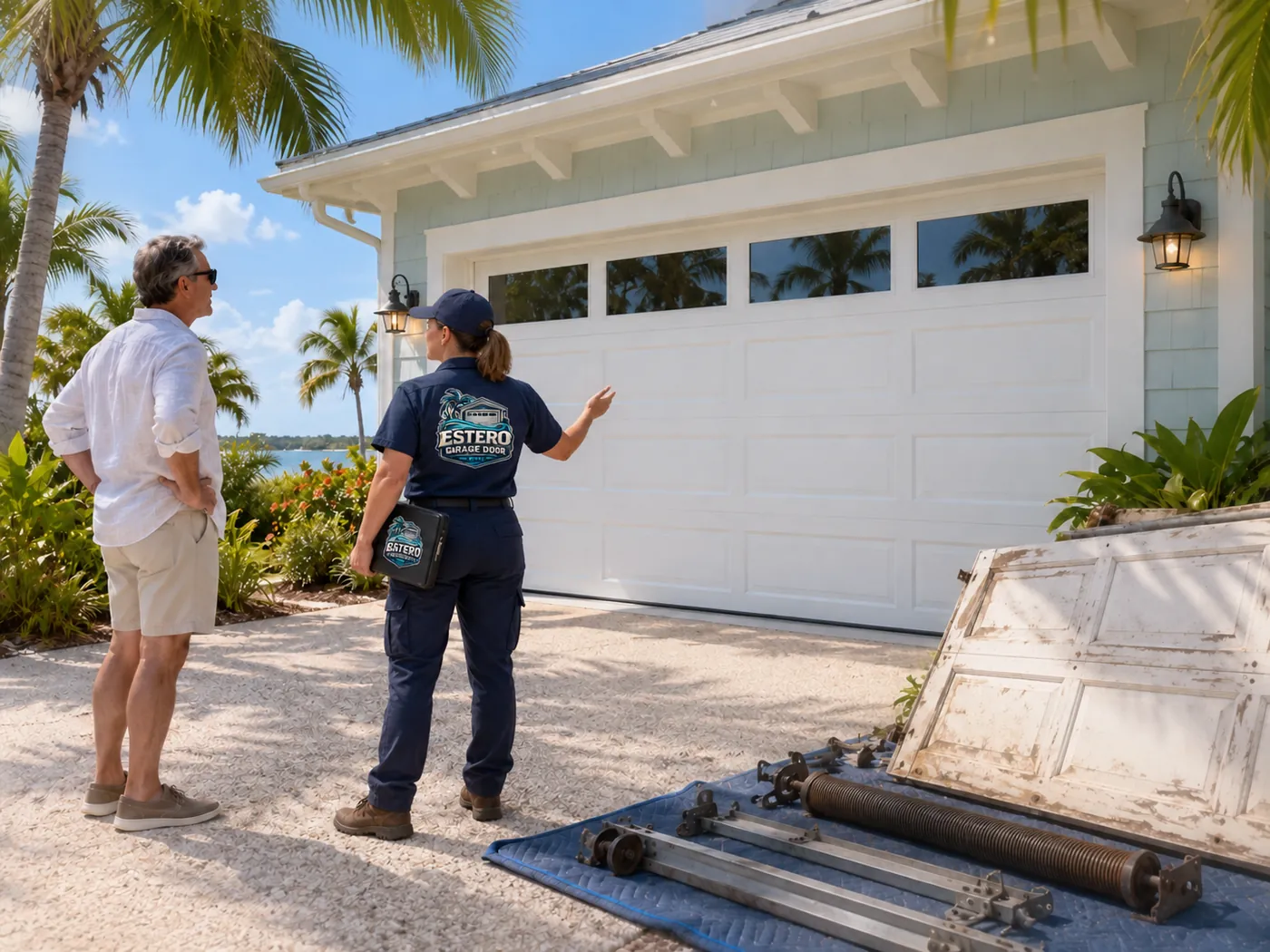 Estero Garage Door N More technician talking with a homeowner in his driveway, the old garage door panels laid out on a tarp